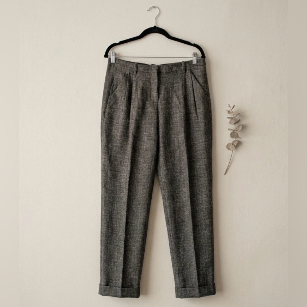 Robert Rodriguez Wool Linen Pleated Trousers Gray Tweed Cuffed Pants Size 4